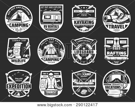 Travel And Sport Icons. Vector Camping And Kayaking, Lifeguard And Rafting, Expedition And Tourist E