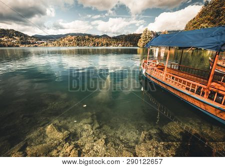 Traditional Pletna Boat On The Lake. .bled Lake Slovenia, Europe