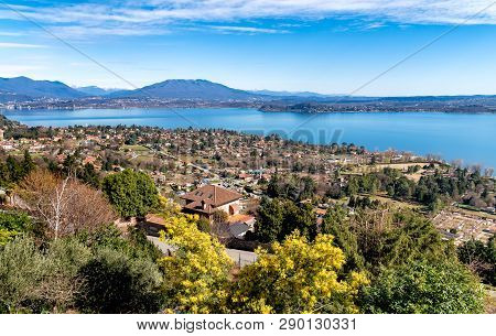 Panoramic View Of Lake Maggiore On A Clear Day, Seen From Massino Visconti Village Over Lesa, Piedmo