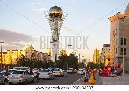 Astana, Kazakhstan - July 25, 2017: View Of The Famous Baiterek Tower In Center Of Astana. The Tower