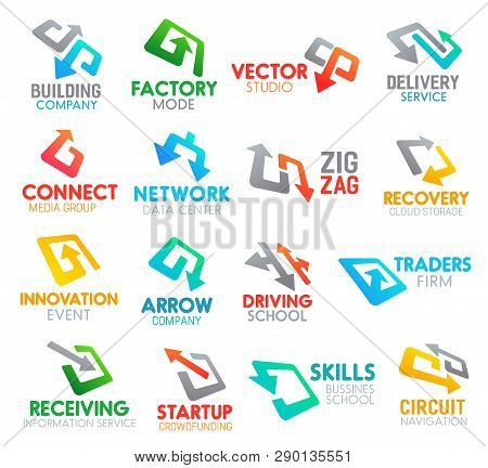 Business Identity Arrow Or Pointer Icons. Vector Building Company And Factory Mode, Studio And Deliv