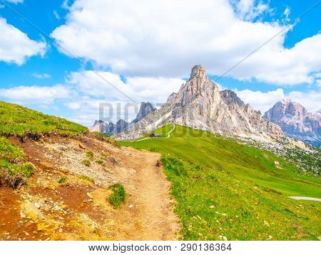 Passo Giau With Mount Gusela On The Background, Dolomites, Or Dolomiti Mountains, Italy