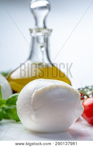 Balls Of Buffalo Mozzarella, Soft Italian Scheese Made From The Milk Of Italian Mediterranean Buffal
