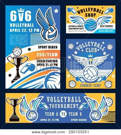 Volleyball Sport, Ball And Whistle. Vector Sport Competition At School, Trophy Cup And Net, Ball Wit