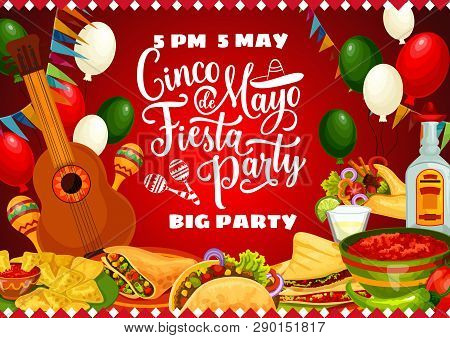 Mexican Fiesta Party Vector Invitation With Cinco De Mayo Food And Drink. Guitar, Maracas And Cactus
