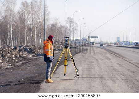 Russia Kemerovo 2019-03-15. Land And Construction Surveyor Equipment. Geodesist Controls Robotic Tot