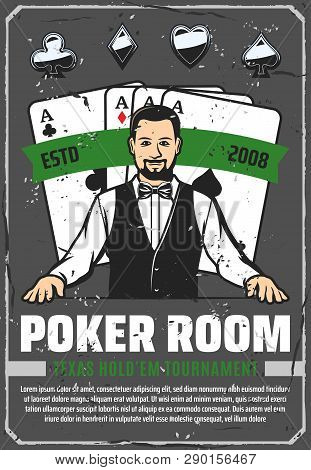 Poker Room, Casino Croupier And Gambling. Retro Vector Play Card Suits, Aces Combination, Hearts And