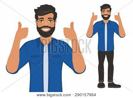 Happy smiling man shows thumbs up. Gesture, symbol or sign Like, cool, agree, approve. Bearded dark-