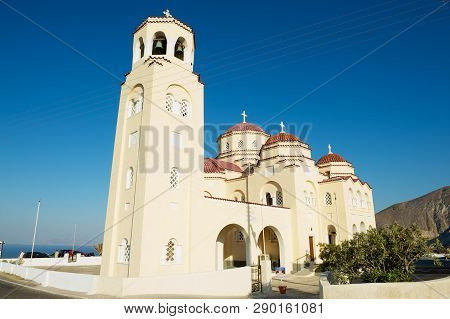 Kamari, Greece - August 03, 2012: Exterior Of An Orthodox Church At Santorini Island In Kamari, Gree