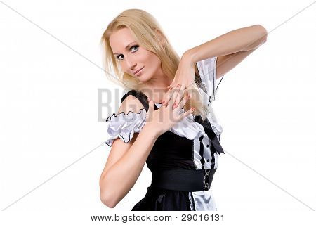 beautiful blonde in a dress of the parlourmaid. Isolated on white