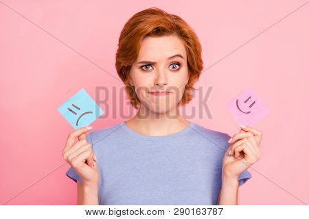 Close-up Portrait Of Her She Nice Cute Charming Attractive Un-sure Girl Wearing Casual Blue T-shirt 