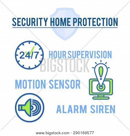 Security Home Protection Vector Banner Template. 24 To 7 Hour Supervision, Alarm Siren And Motion Se