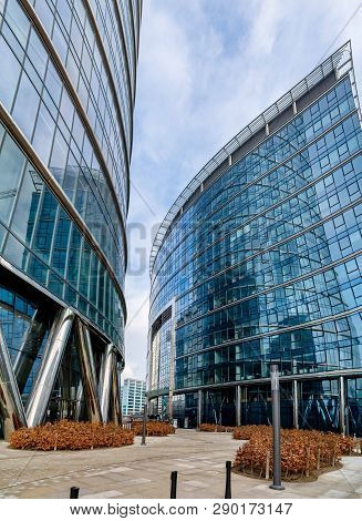 Warsaw Poland. February 18, 2019. Business Center. Glass Building. Against The Sky.