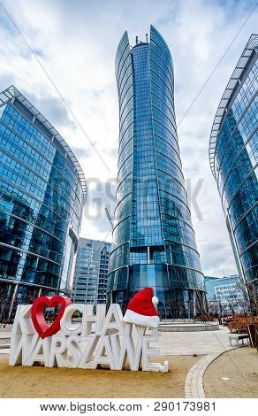 Warsaw Poland. February 18, 2019. Glass Skyscrapers Of Irregular Shape. Bottom View. Abstract Archit