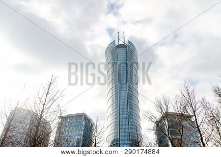Warsaw Poland. February 18, 2019. Glass Skyscrapers Of Irregular Shape. Bottom View. Abstract Archit