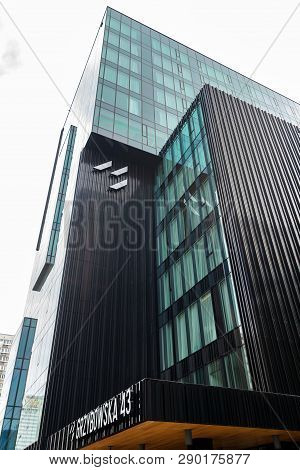 Warsaw Poland. February 18, 2019. Glass Skyscrapers Of Irregular Shape. Bottom View. Abstract Archit