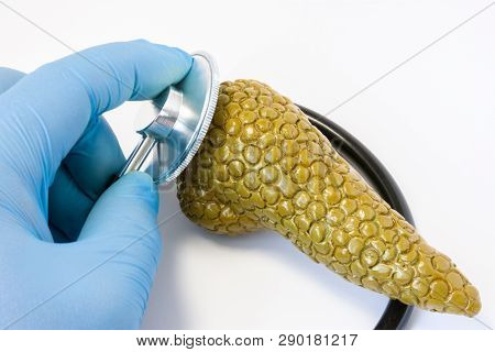 Hand Of Doctor In Glove With Stethoscope And 3d Shape Of Pancreas. Photos Idea Where Surgeon Or Gene