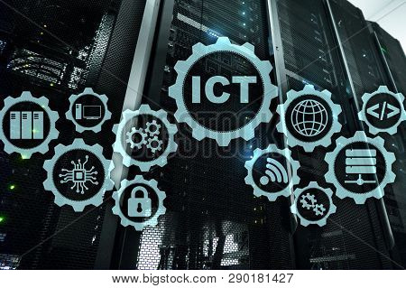 Ict. Information And Communications Technology On Modern Server Room Background. Virtual Screen.