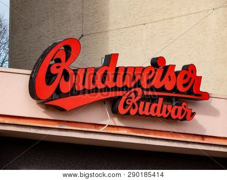 Ostrava, Czech Republic - January 18, 2019: Red Emblem Of The Czech Brewery Budweiser Budvar On A Pu