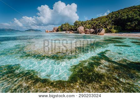 Famous Tropical Beach Anse Source Dargent With Granite Boulders, La Digue Island, Seychelles