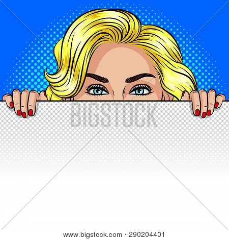 Color Vector Pop Art Style Illustration Of A Girl Peeking From Behind A White Sheet. A Woman Is Hidi