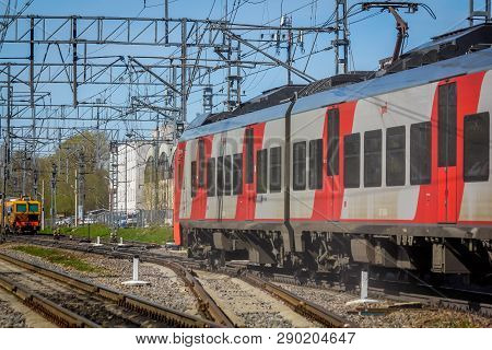 . Russian Electric Train On Rails . The Railways Of Russia, Russia, Leningrad Region, Pargolovo Stat