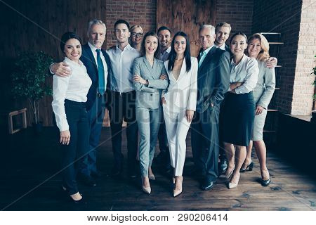 Full Length Body Size Photo Different Age Mixed Race Multiethnic Business People Friendly Stand Clos