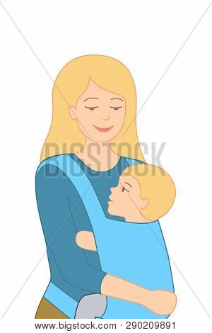 Smiling Young Mother Holding Her Little Baby In Ergo Backpack. Flat Design Vector Illustration, Isol