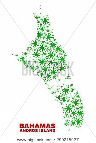 Vector Cannabis Andros Island Of Bahamas Map Mosaic. Template With Green Weed Leaves For Cannabis Le