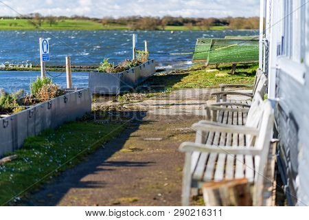 Seating Area Looking Out Over Hornsea Mere, East Yorkshire, Uk