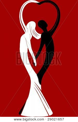 Para zakochanych kształtowanie serce z ich rąk (biały i czarny człowiek)