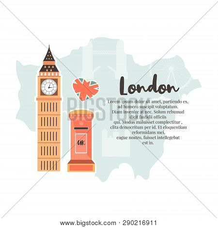 London Background, Design With Big Ben, Post Box On Map Of London. Abstract Vector Illustration