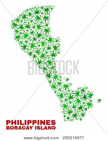 Vector Cannabis Boracay Island Map Collage. Template With Green Weed Leaves For Marijuana Legalize C