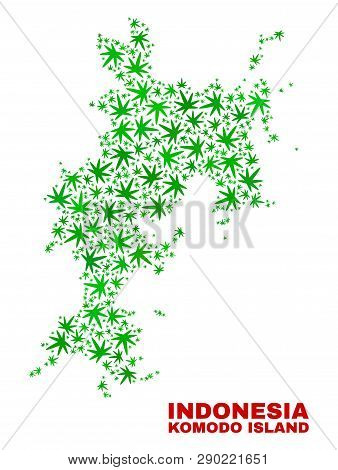 Vector Marijuana Komodo Island Map Mosaic. Concept With Green Weed Leaves For Marijuana Legalize Cam