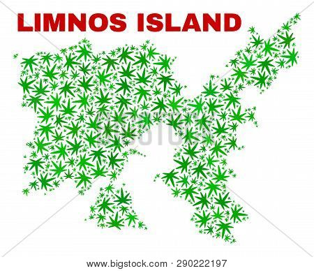 Vector Cannabis Limnos Island Map Collage. Concept With Green Weed Leaves For Cannabis Legalize Camp