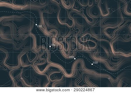 View From Above Alien Terrain Conceptual Vector Topographic Map With Route And Coordinates User Inte