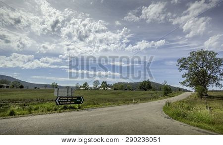 Salisbury, Australia - Dec 29, 2017: Road Intersection With Direction Sign To Dungog, Barrington, Ch