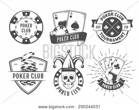 Vector Poker Club Logos. Set Of Vintage Badges With Playing Cards And Chips For Poker Tournament Or 