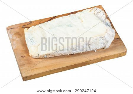 Piece Of Local Italian Gorgonzola Soft Blue Cheese On Olive Wood Cutting Board Isolated On White Bac
