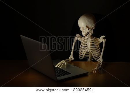 Skeleton With Skull Working On Laptop At Night With Amazement On His Face
