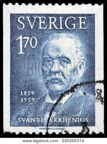 Luga, Russia - February 17, 2019: A Stamp Printed By Sweden Shows Image Portrait Of Famous Swedish S