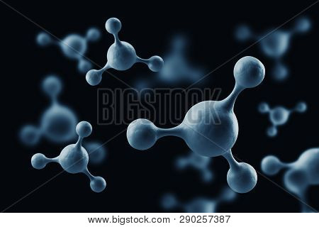Gray Molecule On Black Background, Abstract Atom Structure For Medical Background. 3d Rendering
