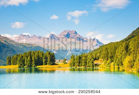 Beautiful alpine lake Champfer in beautiful summer day. Location place Silvaplana village, Swiss alps, district of Maloja, Europe. Discover the beauty of earth.
