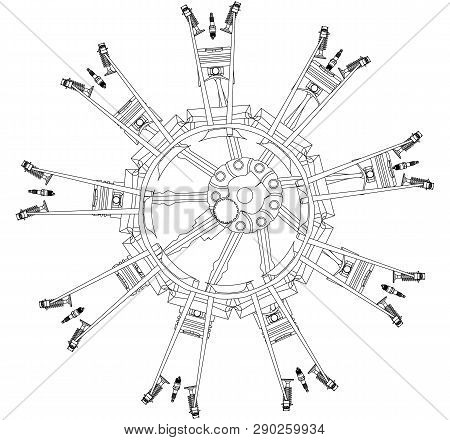 Disassembled Radial Engine On A White Background. Drawing