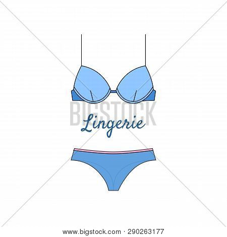 Elegant Blue Lingerie Set Icon In Flat Style. Fashionable Bras And Knickers Isolated On White Backgr