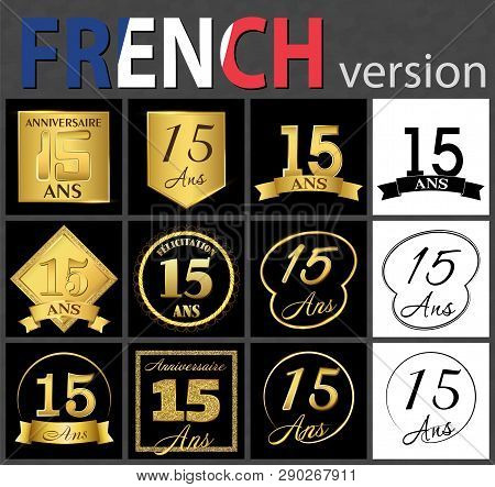 Set Of Number Fifteen Years (15 Years) Celebration Design. Anniversary Golden Number Template Elemen