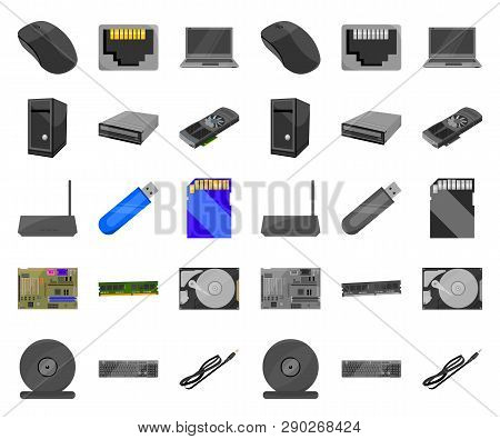 Personal Computer Cartoon, Mono Icons In Set Collection For Design. Equipment And Accessories Vector