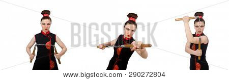 Funny woman with nunchucks isolated on white