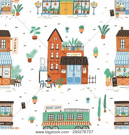 Seamless Pattern With City Buildings On White Background. Backdrop With Facades Of Bakery Or Bakesho