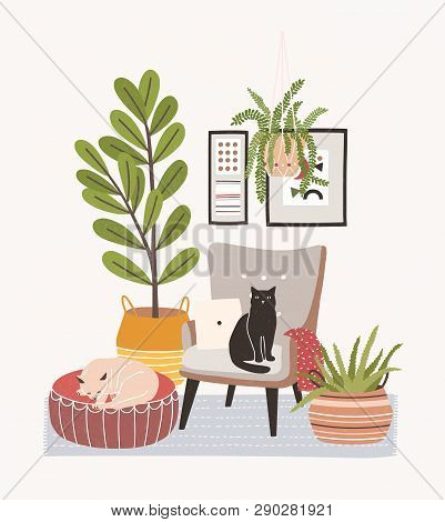 Comfy Living Room Interior With Cats Sitting On Armchair And Ottoman, Houseplants Growing In Pots, H